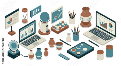 Isometric workspace with analytics tools and pottery design elements