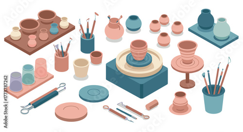 Creative pottery studio with pottery wheel and clay tools in pastel isometric style