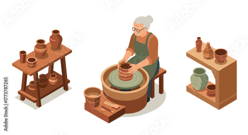 Elderly potter crafting ceramics on wheel in isometric style workshop scene