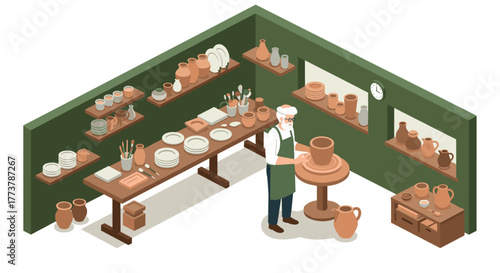 Isometric pottery workshop with craftsman creating ceramic vase amidst tools and finished vessels