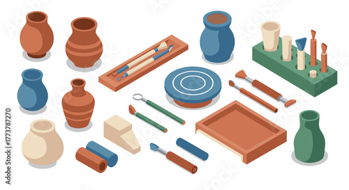 Pottery tools set with clay vases in isometric style on white background