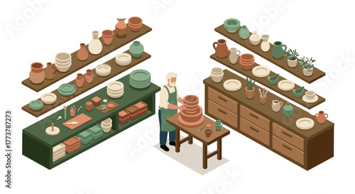 Isometric pottery workshop: artisan crafting clay vessels in organized studio