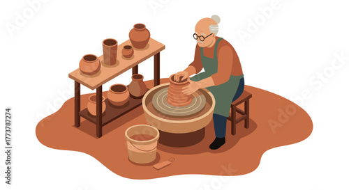 Elderly potter creating clay vase in artistic studio with traditional ceramic techniques
