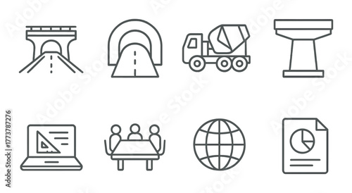 Infrastructure and engineering icons: bridge, tunnel, cement truck, structures, computer, meeting, globe, report.