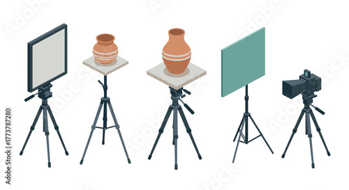 Isometric photography studio setup with tripods and clay pottery display