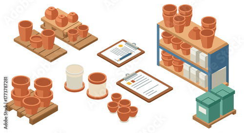 Isometric clay pottery workshop with shelves and clipboards
