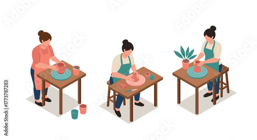 Creative pottery crafting isometric art with diverse artists working on clay projects