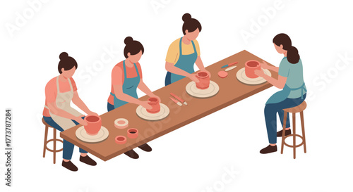 Isometric illustration of people crafting clay pottery in art class