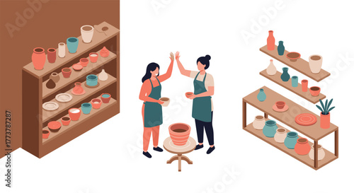 Isometric pottery workshop: two women crafting ceramics with colorful vases on shelves