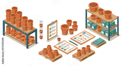 Isometric pottery workshop with shelves and equipment for creative crafting