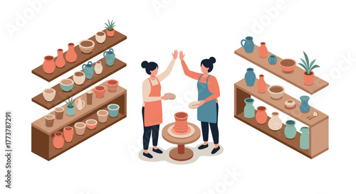 Isometric pottery workshop scene with shelves and two potters in aprons celebrating