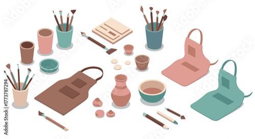 Creative art supplies with aprons in modern isometric style for craft and design projects