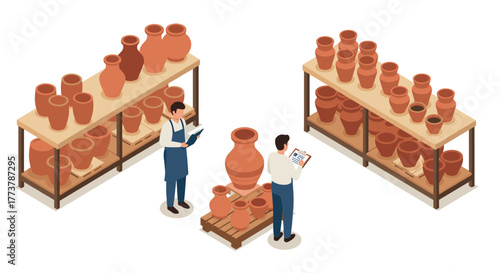 Isometric pottery workshop with craftsmen and shelves of clay vases and pots