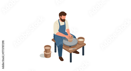 Isometric pottery crafting: artisan molding clay on wheel in minimalist workshop setting
