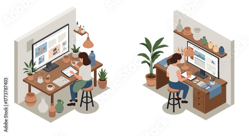 Creative home office setup with plants and modern furniture in isometric style