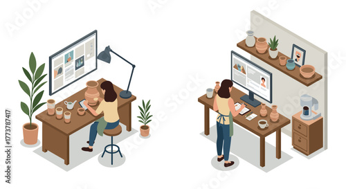 Creative pottery studio: artists crafting ceramics in a modern workspace with laptops and plants