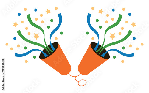 Bright celebration confetti streamers bursting from party poppers, creating festive atmosphere