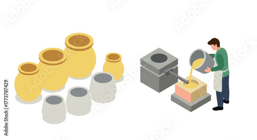 Isometric pottery craft scene with artisan pouring clay into mold