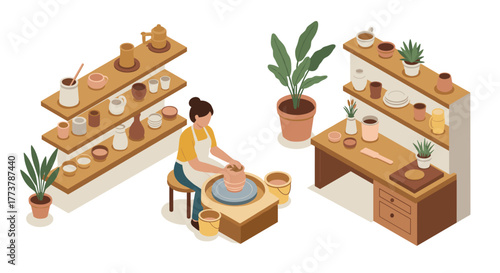 Isometric pottery workshop scene with shelves and plants in a modern studio setting