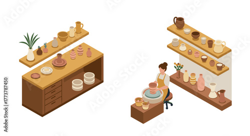 Isometric pottery workshop with shelves of clay vases and artist at work