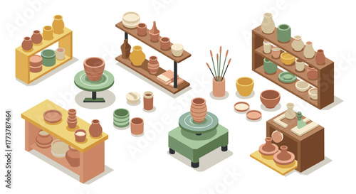 Isometric pottery workshop with ceramic tools and colorful clay vases
