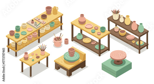 Isometric pottery workshop with ceramics and shelves in pastel tones