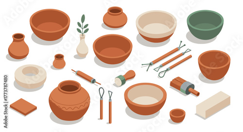 Isometric pottery tools and clay vessels arrangement on white background