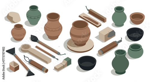 Isometric pottery tools and clay vessels on white background