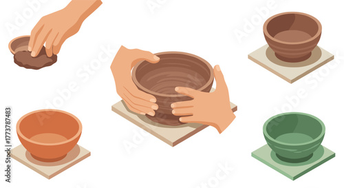 Isometric pottery crafting: hands shaping clay bowls on wheels with vibrant colors