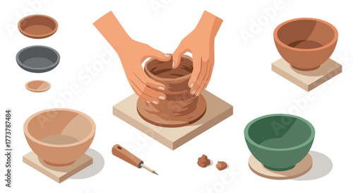 Pottery crafting with hands shaping clay into bowls in isometric style