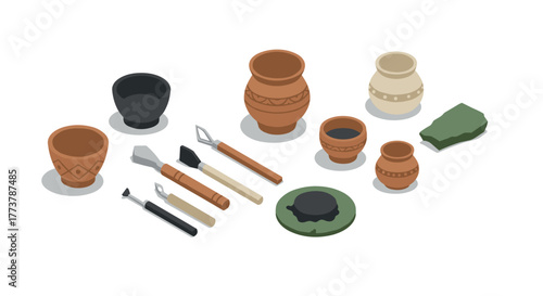 Isometric pottery workshop with tools and clay artifacts on display