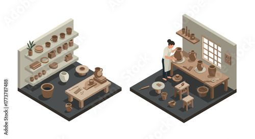 Isometric pottery studio with artisan crafting clay vessels
