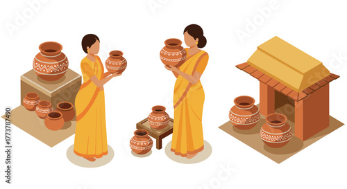 Isometric indian pottery scene with women in traditional dress