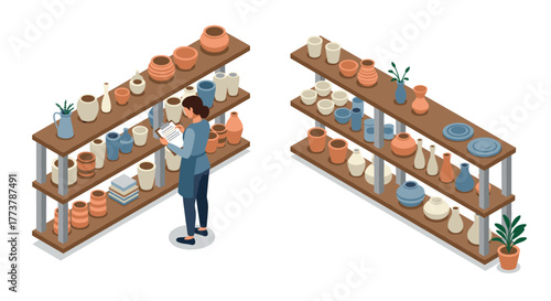 Isometric pottery shop with shelves of clay vases and pots
