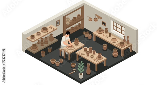 Isometric ceramic workshop scene with potter and clay creations in a studio setting
