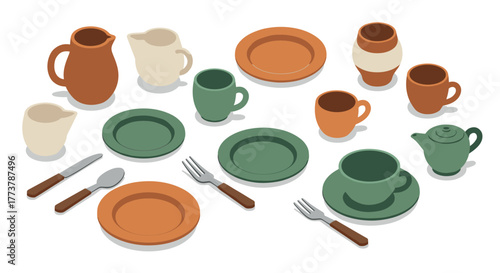 Colorful isometric dinnerware set with plates, cups, and cutlery on white background