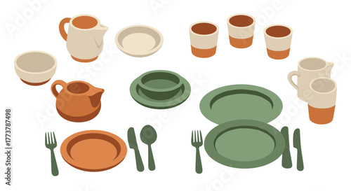Isometric tableware composition with plates, cups, and utensils in earth tones