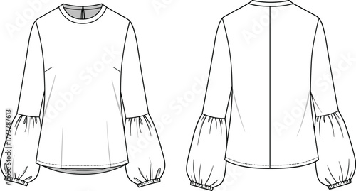 Women's blouse fashion flat sketch front and back view with puff sleeves, curved hemline, round neckline and center back seam