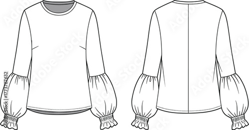 Women's blouse fashion flat sketch front and back view with puff sleeves, elastic cuffs, round neckline and center back seam