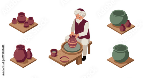 Isometric pottery making: skilled artisan crafting clay pots in traditional style