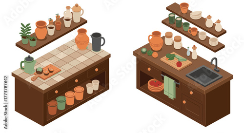 Cozy isometric kitchen with clay pots and herbs on wooden shelves