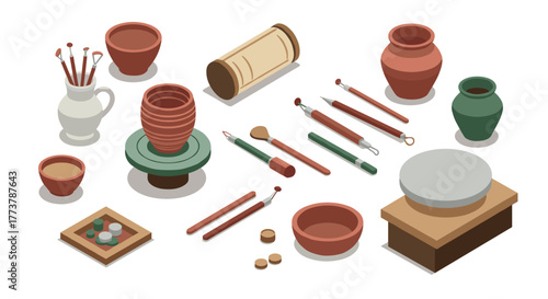 Isometric pottery workshop: ceramic tools and clay vessels in earthy tones