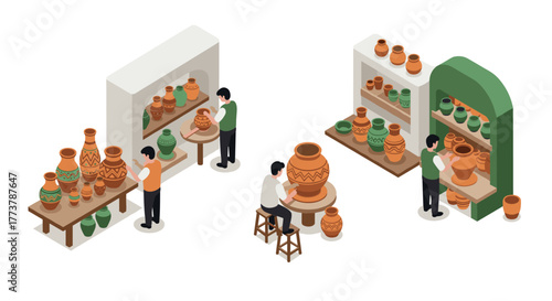 Isometric pottery workshop scene with artisans crafting beautiful ceramic vases and pots