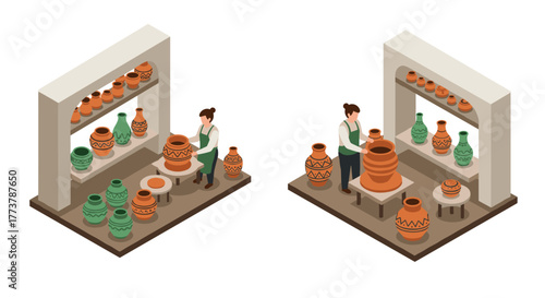 Isometric pottery workshop scene with clay pots and crafting tools