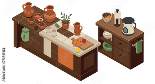 Cozy isometric kitchen scene with wooden counters and rustic decor elements