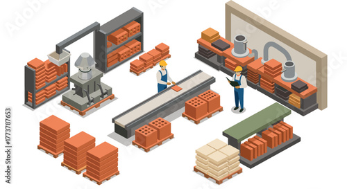 Isometric brick manufacturing process: factory workers and machinery