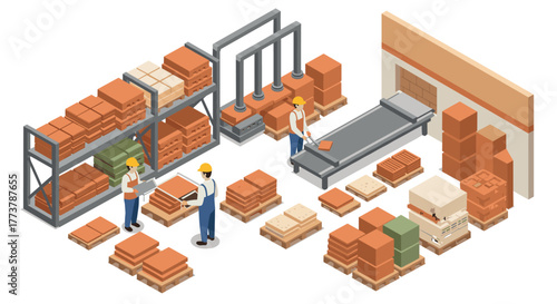 Isometric warehouse scene with workers handling packages and conveyor belts