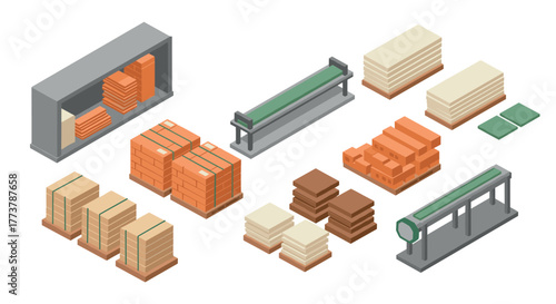 Isometric warehouse supplies set with industrial shelving and pallets