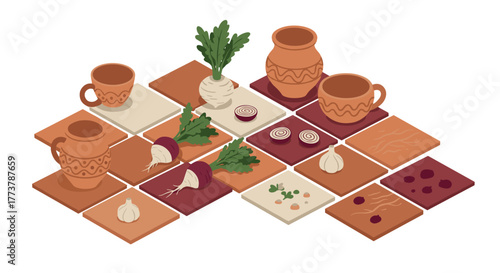 Rustic ceramic pottery and vegetables on tiled surface in 3d isometric design