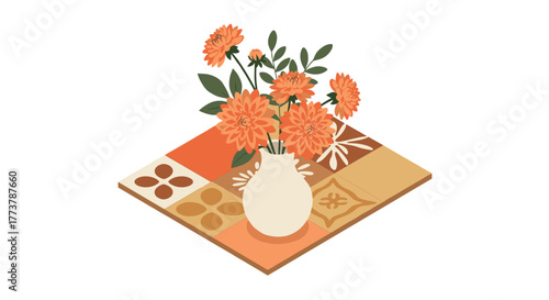 Isometric floral arrangement with orange flowers in vase on patterned tiles